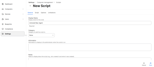 Jamf Pro New Script screen showing the General tab with fields for display name, category, and script information.